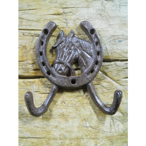 1 Cast Iron Rustic Ranch HORSE HEAD 2 HOOK Coat Hooks Rack Towel HorseShoe