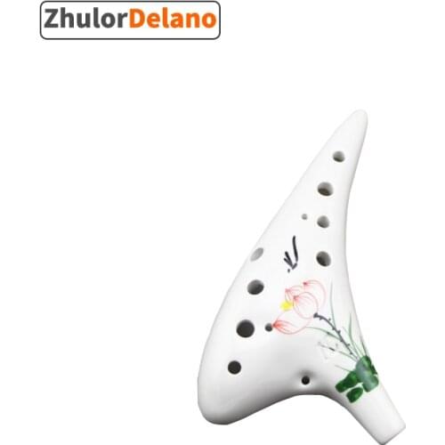 12 Hole Ocarina Ceramic Alto C Ocarina Flute Musical Instrument Lotus Pattern White Porcelain Flute Wonderful Mouth Harps