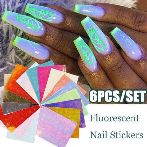 16pcs Fluorescent 3D Nail Art Stickers Butterfly Wings Laser Holographic Nail Decorations Foil Transfer Decals Manicure Slider