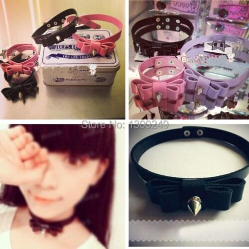 2015 Sexy Fashion Harajuku Handmade Faux Leather Bow Collar Rivet Punk Rock Goth Choker collar Necklace free shipping