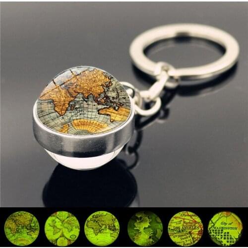Glow in the Dark Keychain Jewelry with Silver Color World Map Pattern Double Side Glass Ball Keychain Ring Gift