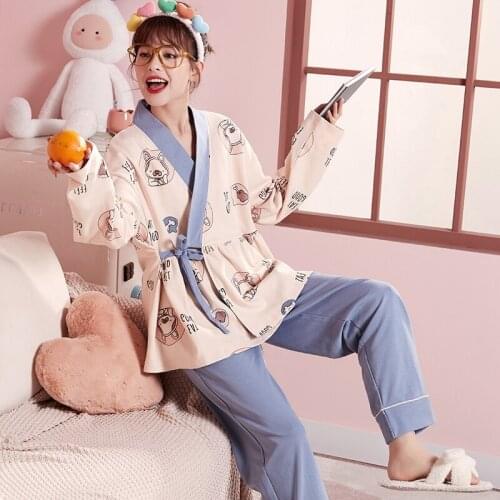 2021 Spring Autumn Long Sleeve Cotton Kimono Pajama Sets for Women Sexy Sleepwear Suit Pyjama Homewear Pijama Mujer Home Clothes