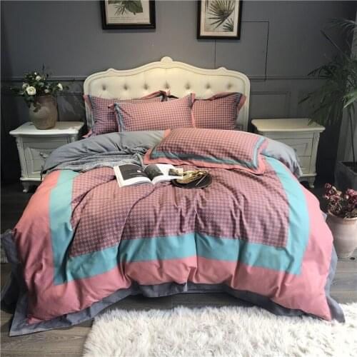 Luxury 100% cotton Sanding Printed Flower Plaid Bedding sets Queen King Wedding Duvet cover Bed sheet set Pillowcases 4pcs pink