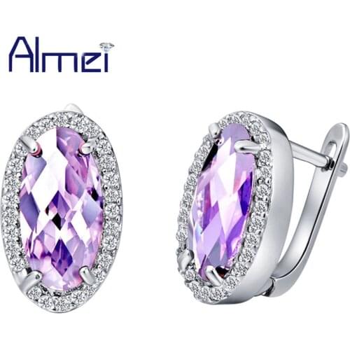 Almei Earring for Women Violet Pendientes Cubic Jewelry Silver Color Fashion Oval Crystal Brincos Vintage Stud Earrings R196