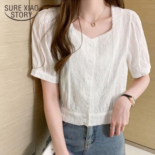 Blusas Mujer 2020 Summer New Solid Cardigan Shirts for Women Office Lady White Tops Square Collar Cotton Lace Women Blouse 9777