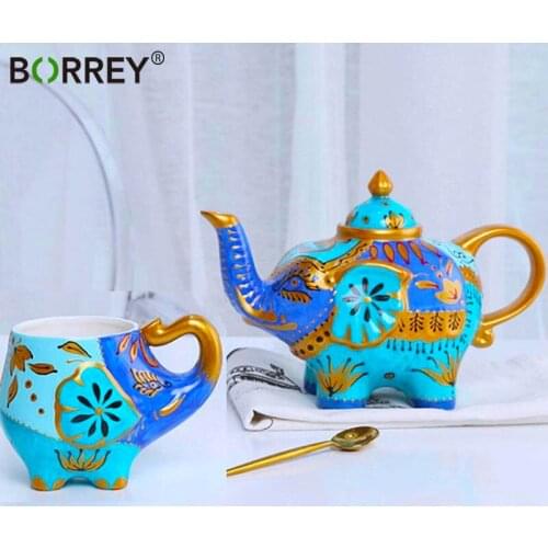 BORREY Decorate Ceramic Teapot Elephant Shape Hand-painted Tea Sets 3D Animal Tea Pot Cup Cute Coffee Mug Porcelain Teaware Gift