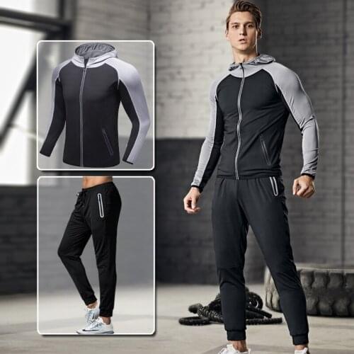 Breathable Long Sleeve Hooded Jacket Sports Suit Mens Sportswear Football Jogging Mens Running Basketball Clothes Suit