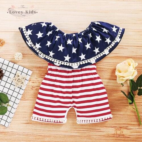 2021 Baby Girl Rompers O Neck Sleeveless Ruffle Striped Star Print Infant Child Independence Day July 4th One Piece Clothes
