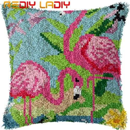 Latch Hook Cushion Flamingo Love Pillow Case Acrylic Yarn Pillow Pre-Printed Color Canvas Crochet Cushion Cover Hobby & Crafts