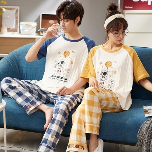 Summer cash pajamas cotton short sleeve trousers cartoon lovely men and women can wear home suits in summer