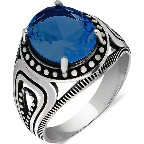 Solid 925 Sterling Silver Sapphire Stone Mens Ring