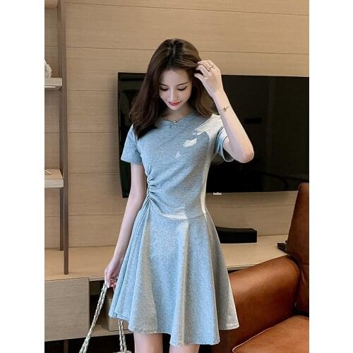 Summer Woman Dress for Ladies Mini Cotton Korean Fashion Simplee Clothes Solid Gray Short Sleeve T-Shirt Sexy Casual Dresses