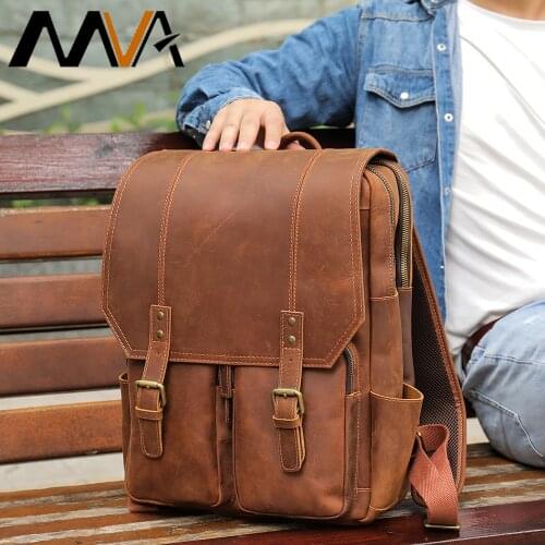 MVA Mens Genuine Leather Backpack 15.6 inch Laptop Backpack Vintage Travel Large School Shoulder Bag Backpacks Men Style 1124