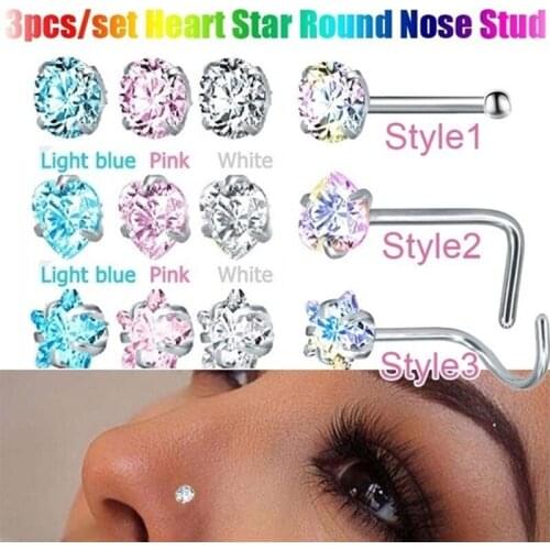Crystal Nose Studs Sets 3PCS Nose Rings Studs Set Stainless Steel Nose Piercing Screws Fashion Nose Septum Rings Nasal Ornament