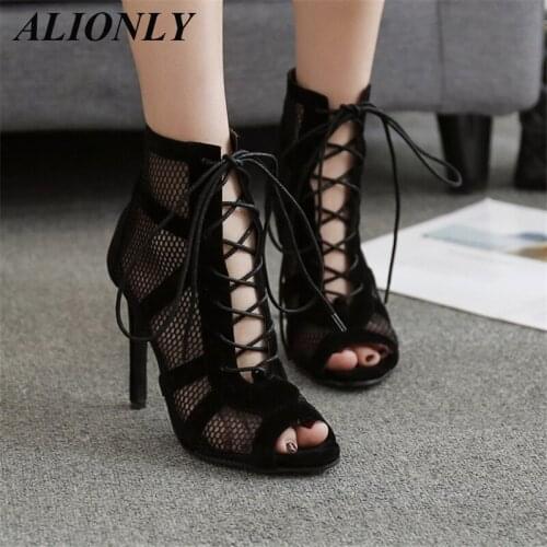 ALIONLY Fashion Sandals for Women 2021 Summer Lace Up Cross-Tied Peep Toe High Heel Ankle Strap Net Surface Hollow Out Sandals