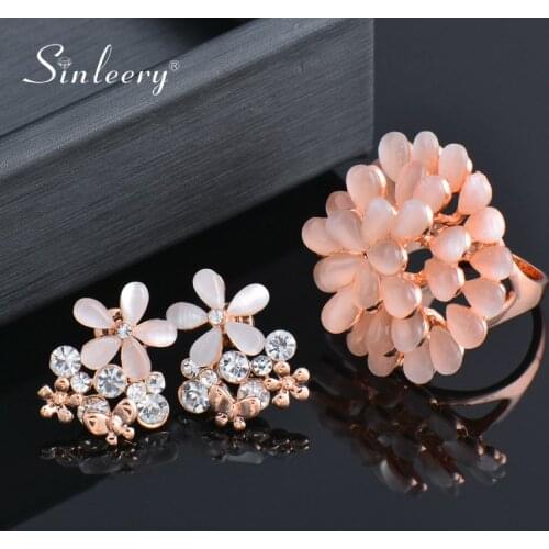 SINLEERY Korean Fashion Flower Beige Opal Ring And Opal Stud Earrings Jewelry Set Rose Gold Color For Women 2pcs/set TZ016 SSK