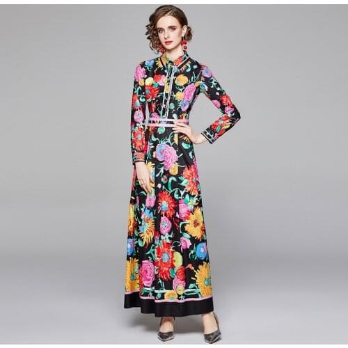 Spring Runway Floral Print Long Dress Turn Down Neck Long Sleeve Women Party Casual Holiday Boho Maxi Dress k8558