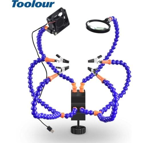 Toolour Soldering Helping Hand Third Hand USB Flashlight Fan Magnifying Glass Flexible Arms Soldering Holder For Welding Repair