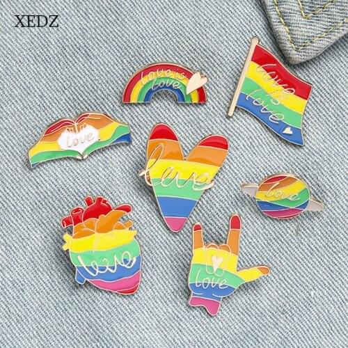 XEDZ Love Rainbow Finger Enamel Brooch Fashion Cartoon Rainbow Heart/Flag/Planet LOVE Badge Jewelry Friends Gift