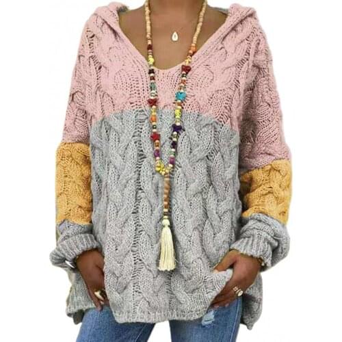 New Autumn Women Fashion Color Blocking Long Sleeve Knitting Hoodie Pullover Sweater Blouse Coats Winter