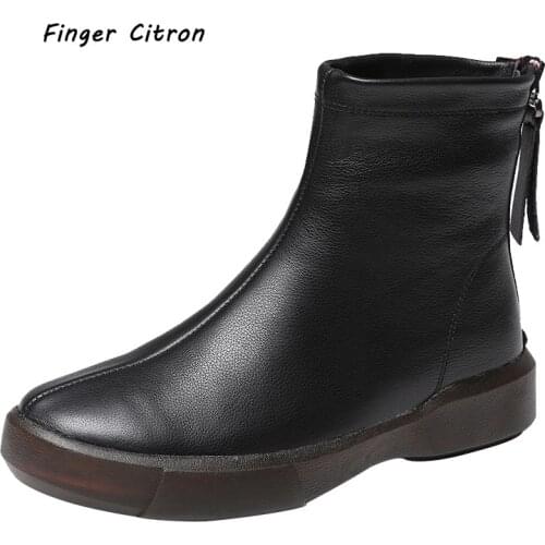 Finger Citron Genuine Cow Leather Women Anckle Boots Round Toe Anti-skid Outsole With Zipper By Hand Soft Lady Style Size 35-43