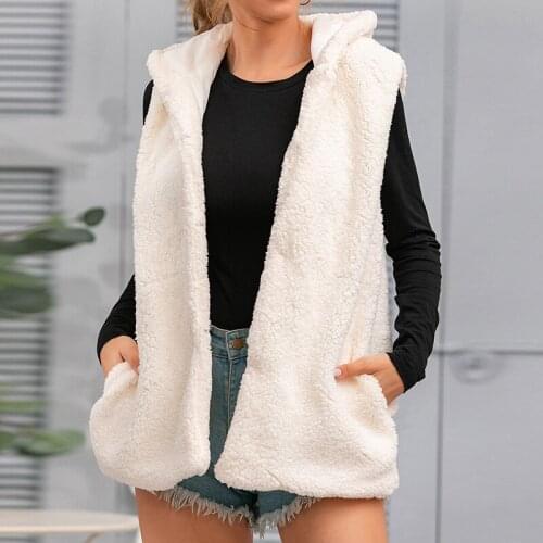 Women Faux Fur Vest Coat Autumn Winter Jacket Sleeveless Hooded Hairy Fluffy Outerwear Waistcoat White Pocket Fur Vest Coat