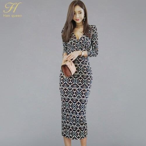 H Han Queen 2018 Autumn Vintage Print Geometric Pencil Dress Women Sheath Bodycon Dresses Boho Style Fitted Midi Long Vestidos