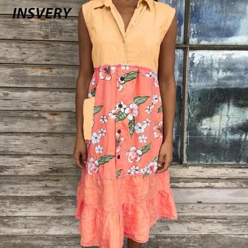 2021 Sleeveless Printed Dress Women Summer Fashion Loose Casual Turn-down Collar Button Mid-Calf Dresses For Women Button Dress