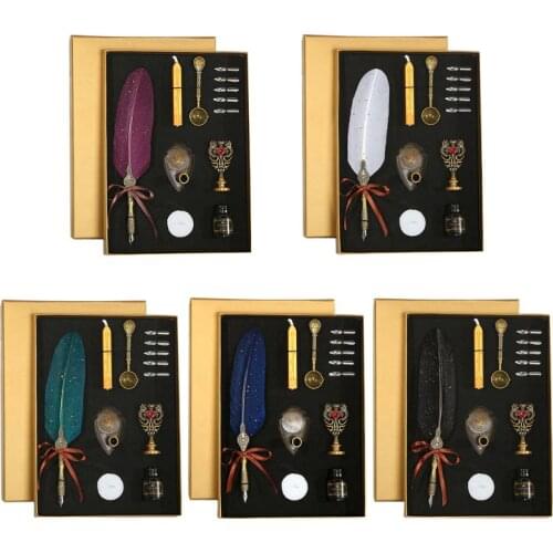 Sprinkle Gold Luxury Vintage Feather Quill Dip Calligraphy Fountain Pen Writing Ink 5 Nibs Set Stationery Gift Box