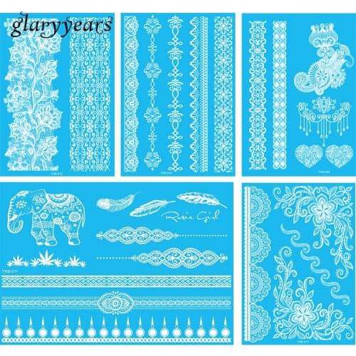 5 Sheets Temporary Tattoo Sticker White Flower Lace Chain Choker Jewelry Elephant Body Art Fake Elphant Decal Water Transfer New