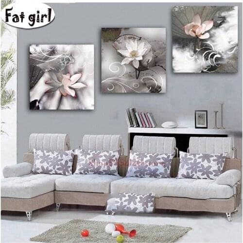 5D diy diamond painting full square round drill lotus flower diamond embroidery mosaic modern triptych home decor