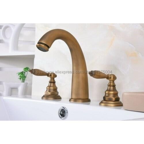 Antique Brass 3 Hole Bathroom Sink Faucet Deck Mounted Cold Hot Vintage Sink Faucet Mixer Tap Nan076