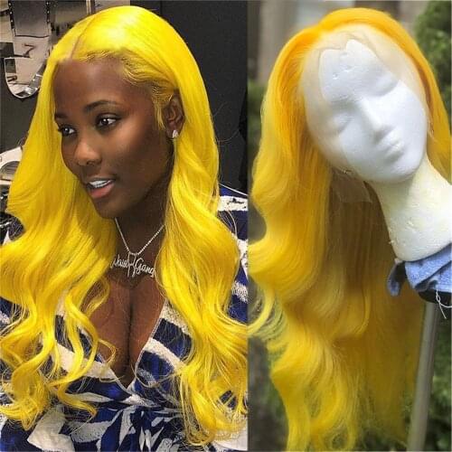 Glueless Yellow Hair Color Lace Front Wigs Body Wave for Women Girls Heat Resistant Fiber Hair Long Wavy Lace Wig 150% Density