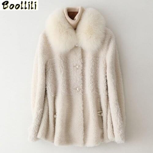 Boollili Real Fur Coat Female Sheep Shearling Jacket Winter Coat Women Fox Fur Collar Wool Coats Korean Jacket Manteau Femme