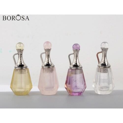 BOROSA Silver Plated Natural Gems Stone Perfume Bottle Pendant White Pink Quartz Essential Oil Diffuser for Necklace WX1224