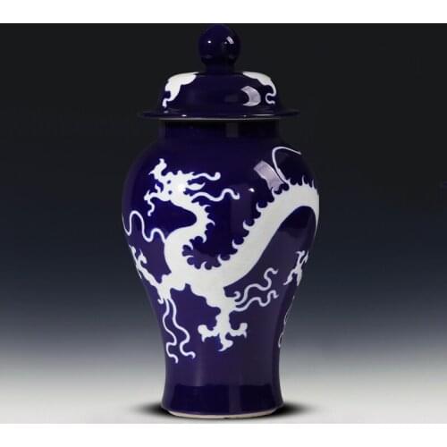 Jingdezhen Ceramic Hand Carved Dragon Design Blue And White Porcelain Storage Ginger Jar