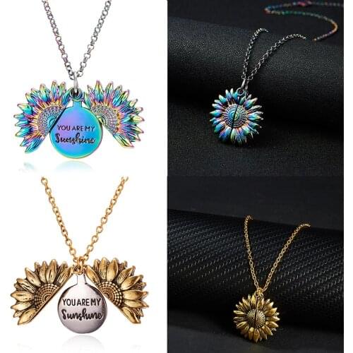 Double-layer Openable You Are My Sunshine Sunflower Pendant Necklace Colorful Pendant Couple Lover Jewelry Gift Dropshipping