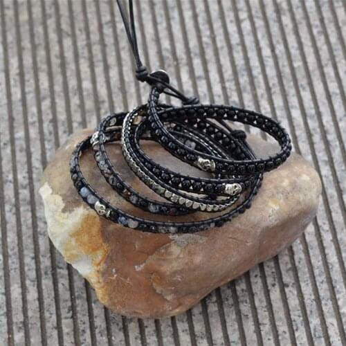 Gothic Black Onyx Beaded Wrap Bracelet for Women Men Natural Stones Alloy Skull Charms Bracelets Ladies Ethnic Fashion Jewelry