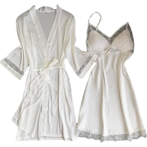Sexy Women Rayon Kimono Bathrobe WHITE Bride Bridesmaid Wedding Robe Set Lace Trim Sleepwear Casual Home Clothes Nightwear