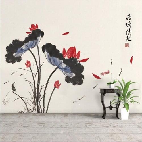 Chinese Style Ink Lotus Wall Stickers Bedroom Living Room Decoration Study Backdrop Wall Decals Wallpaper Removable