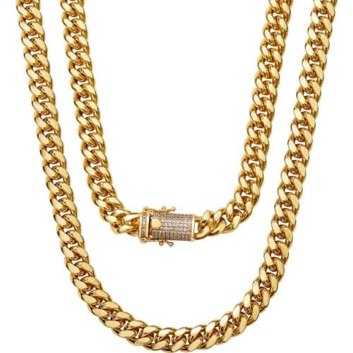 Top Design Cubic Zircon Stainless Steel Gold 10mm Miami Cuban Curb Link Chain Mens Womens Necklace Jewelry Fashion Buckle 7-40"