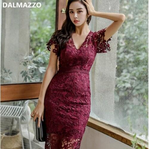 DALMAZZO Fashion High Waist Summer Dress Women V Neck Lace Hollow Out Slim Knee Length Dresses Vestidos Female Plus Size