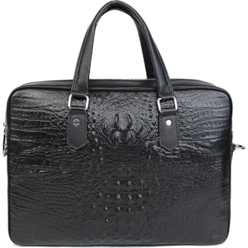 Genuine leather mens Totes handbag business Laptop briefcase Crocodile pattern Cowhide leather casual shoulder messenger bag