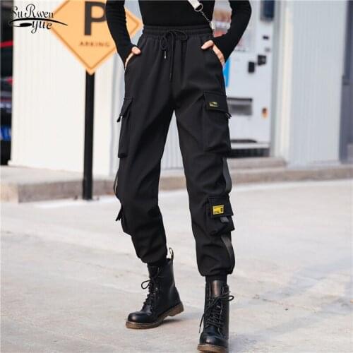 Fashion New Black Drawstring Women Streetwear Cargo Pants Casual Plus Size Pants Ankle Length Loose Elastic Waist Trousers 12825