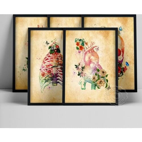 Flower Leaf Skeleton Head Poster, Skull Hand Heart Lung Ribcage Wall Art, Doctor Anatomy Organ Decor, Vintage Watercolour Prints