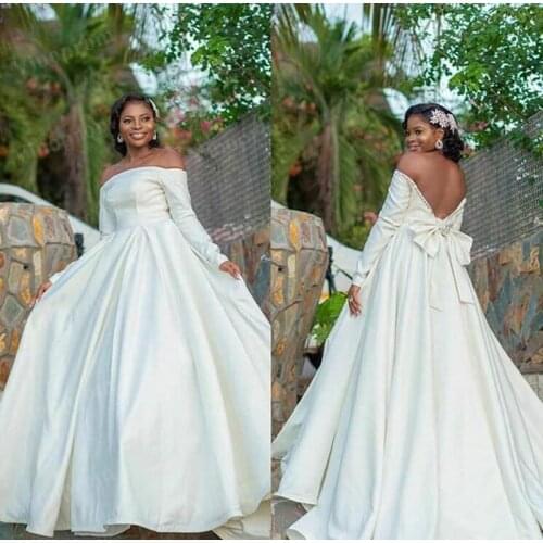 African Off Shoulder Long Sleeves Wedding Dresses Bow Tie Sweep Train Backless Satin A Line Wedding Bridal Gowns vestidos Dress