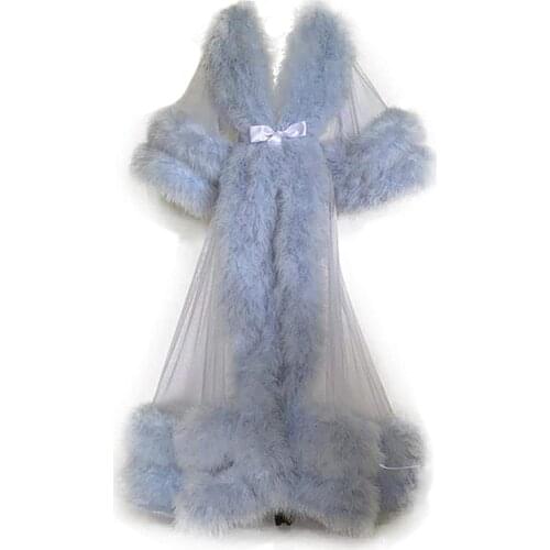 Chic Feather Evening Dresses Womens Bridal Robe Long Lingerie Robes Custom Made Nightgown Bathrobe Sleepwear with Belt