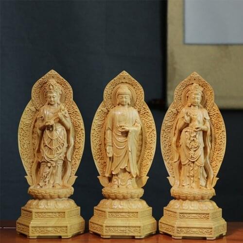 20cm Three Buddha Boxwood Statue Hall Consecrate Amitabha Guanyin Western Bodhisattva Decoration Buddha Sculpture