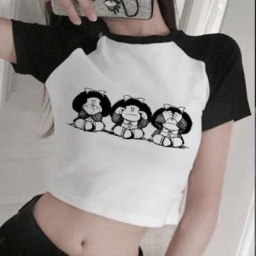 Mafalda Anime Y2k Crop Top T Shirt Women 2021 Summer Vintage Tank Tops Short Sleeve Slim Streetwear Harajuku Cartoon Graphic Tee