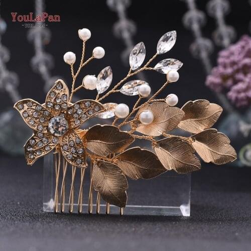 YouLaPan HP307 Wedding Headband for Bride Hair Piece Bridal Hair Comb Gold Wedding Flower Hair Clip Alloy Wedding Hair Pins